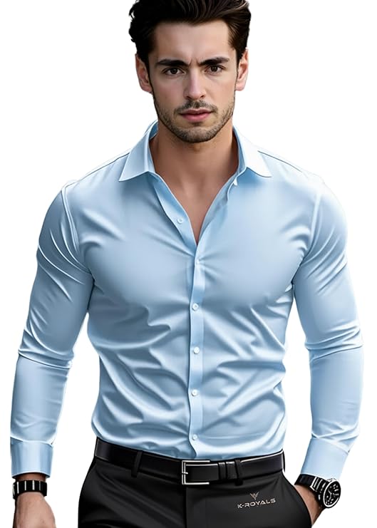 K-ROYALS Men's Satin Formal Shirt for Party and Office Wear | Long Sleeve Slim Fit Shiny Dress Shirt for Wedding Business Event Dinner.