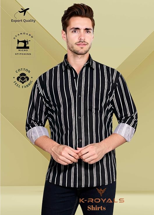 K-ROYALS Men's Cotton Blend Shirt – Multi-Color Vertical Stripes | Regular Fit | Long Sleeves | Perfect for Casual & Semi-Formal Wear