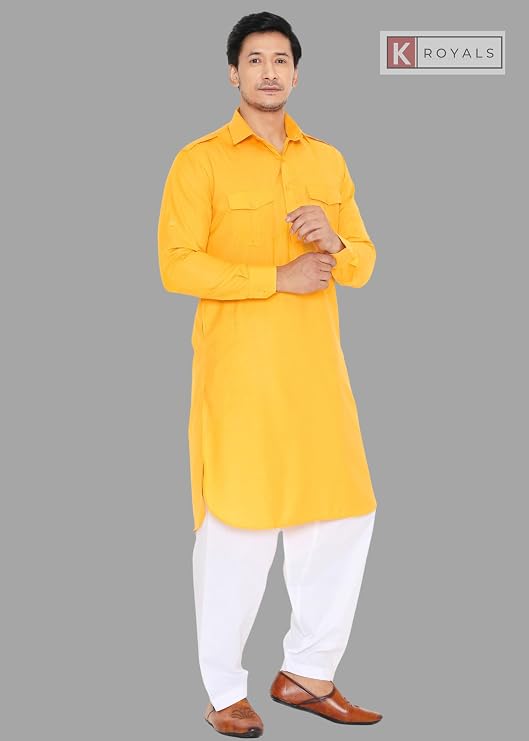 K-ROYALS Men's Stylish Pathani Kurta Pyjama set/Poly linen cotton suit