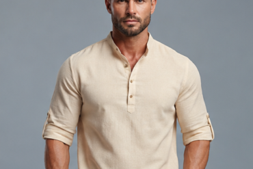 Men's Premium Linen Look Short Kurta with Mandarin Collar & Roll-Up Sleeves – Cream
