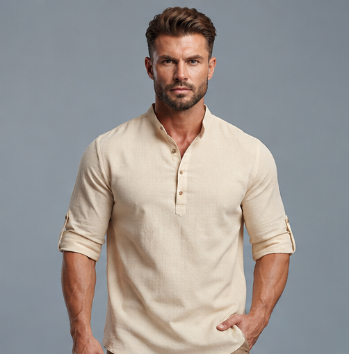 2 Men's Premium Linen Look Short Kurta with Mandarin Collar & Roll-Up Sleeves – Cream - Image 1