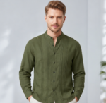 Men's Premium Textured Short Kurta with Mandarin Collar & Pintuck Detailing – Olive Green