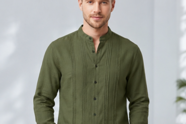 Men's Premium Textured Short Kurta with Mandarin Collar & Pintuck Detailing – Olive Green