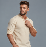 Men's Premium Linen Look Short Kurta with Mandarin Collar & Roll-Up Sleeves – Cream - Image 3