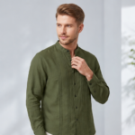 Men's Premium Textured Short Kurta with Mandarin Collar & Pintuck Detailing – Olive Green - Image 3