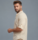Men's Premium Linen Look Short Kurta with Mandarin Collar & Roll-Up Sleeves – Cream - Image 4