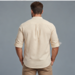 Men's Premium Linen Look Short Kurta with Mandarin Collar & Roll-Up Sleeves – Cream - Image 5