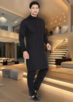 Men's Premium Giza Cotton Kurta Pyjama Set with Mandarin Collar & Contrast Detailing – Black - Image 2