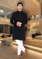 Men's Premium Giza Cotton Black Kurta with White Pyjama Set – Black & White - Image 2