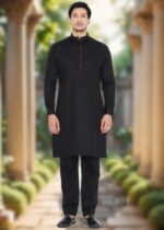 Men's Premium Giza Cotton Kurta Pyjama Set with Mandarin Collar & Contrast Detailing – Black - Image 4
