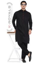 Men's Premium Giza Cotton Kurta Pyjama Set with Mandarin Collar & Contrast Detailing – Black