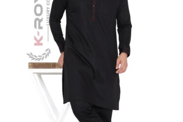 Men's Premium Giza Cotton Kurta Pyjama Set with Mandarin Collar & Contrast Detailing – Black