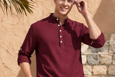 Men's Premium Casual Kurta with Mandarin Collar, Chest Pocket & Roll-Up Sleeves – Burgundy