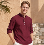 Men's Premium Casual Kurta with Mandarin Collar, Chest Pocket & Roll-Up Sleeves – Burgundy - Image 2