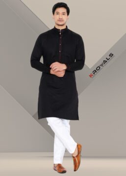 Men's Premium Giza Cotton Black Kurta with White Pyjama Set – Black & White