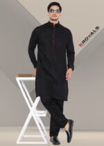 Men's Premium Giza Cotton Kurta Pyjama Set with Mandarin Collar & Contrast Detailing – Black - Image 5