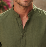 Men's Premium Casual Kurta with Mandarin Collar & Roll-Up Sleeves – Olive Green - Image 4