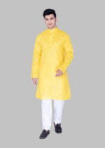 Men's Premium Printed Ethnic Kurta with Mandarin Collar & Full Sleeves – Mustard Yellow