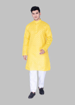 Men's Premium Printed Ethnic Kurta with Mandarin Collar & Full Sleeves – Mustard Yellow