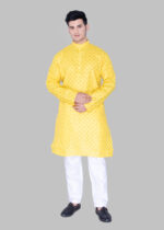 Men's Premium Printed Ethnic Kurta with Mandarin Collar & Full Sleeves – Mustard Yellow - Image 2