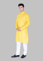 Men's Premium Printed Ethnic Kurta with Mandarin Collar & Full Sleeves – Mustard Yellow - Image 3