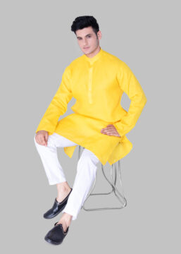 Men's Premium Ethnic Kurta with Mandarin Collar & Full Sleeves – Yellow